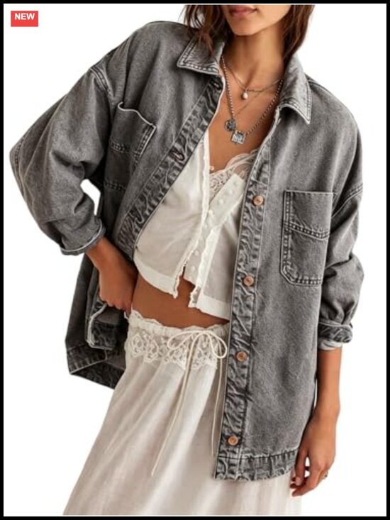 Jackets & Blazers - Oversized Embroidered Denim Jacket Button Down Loose Fit Casual Jean Jacket